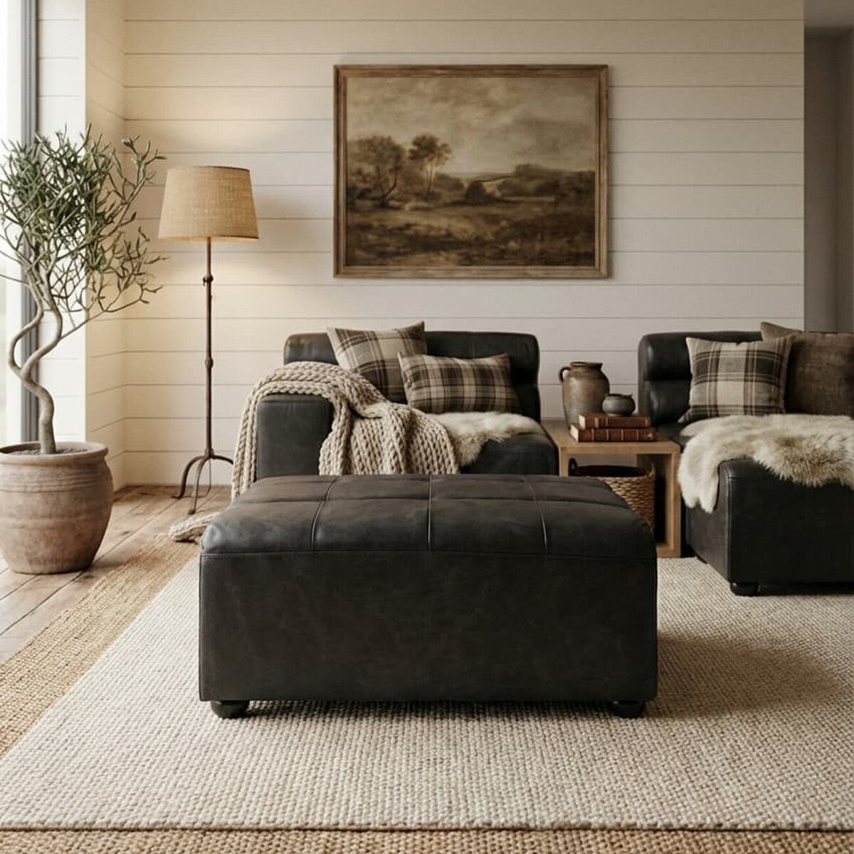 Antique Black Leather Modular Ottoman, King