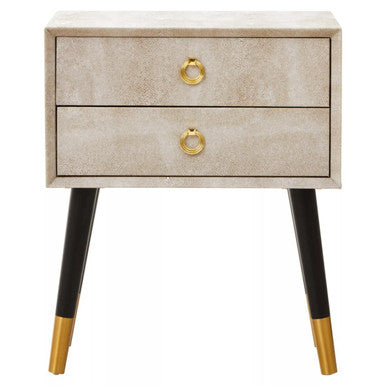 Natural Shagreen 2-Drawer Bedside Table With Gold Accents & Black Angular Legs, Cadio