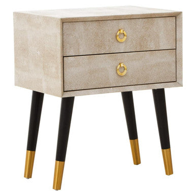 Natural Shagreen 2-Drawer Bedside Table With Gold Accents & Black Angular Legs, Cadio
