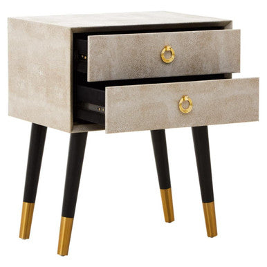 Natural Shagreen 2-Drawer Bedside Table With Gold Accents & Black Angular Legs, Cadio