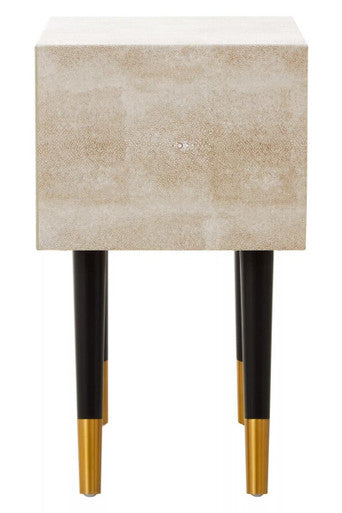 Natural Shagreen 2-Drawer Bedside Table With Gold Accents & Black Angular Legs, Cadio