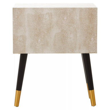 Natural Shagreen 2-Drawer Bedside Table With Gold Accents & Black Angular Legs, Cadio