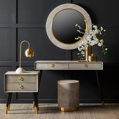 Natural Shagreen 2-Drawer Bedside Table With Gold Accents & Black Angular Legs, Cadio