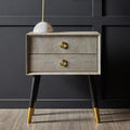 Natural Shagreen 2-Drawer Bedside Table With Gold Accents & Black Angular Legs, Cadio