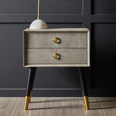 Natural Shagreen 2-Drawer Bedside Table With Gold Accents & Black Angular Legs, Cadio