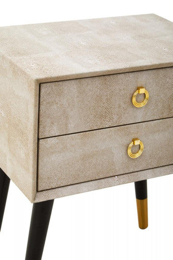Natural Shagreen 2-Drawer Bedside Table With Gold Accents & Black Angular Legs, Cadio