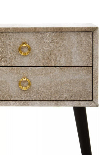 Natural Shagreen 2-Drawer Bedside Table With Gold Accents & Black Angular Legs, Cadio