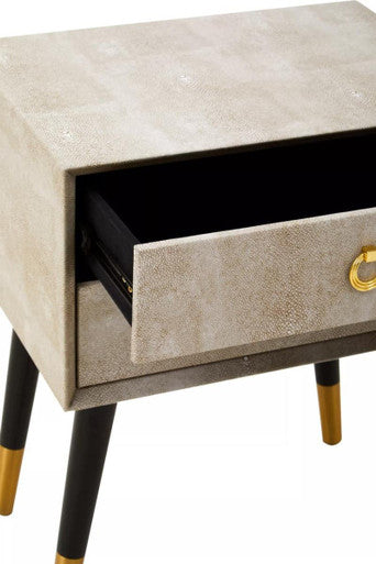 Natural Shagreen 2-Drawer Bedside Table With Gold Accents & Black Angular Legs, Cadio