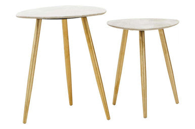 Set Of 2 Natural Shagreen Leather Round Top Side Tables With Gold Legs, Cadio
