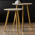 Set Of 2 Natural Shagreen Leather Round Top Side Tables With Gold Legs, Cadio