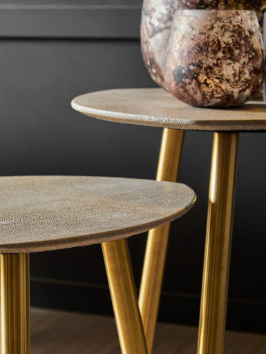 Set Of 2 Natural Shagreen Leather Round Top Side Tables With Gold Legs, Cadio