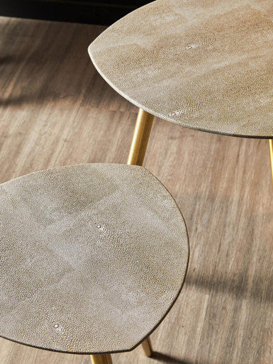 Set Of 2 Natural Shagreen Leather Round Top Side Tables With Gold Legs, Cadio