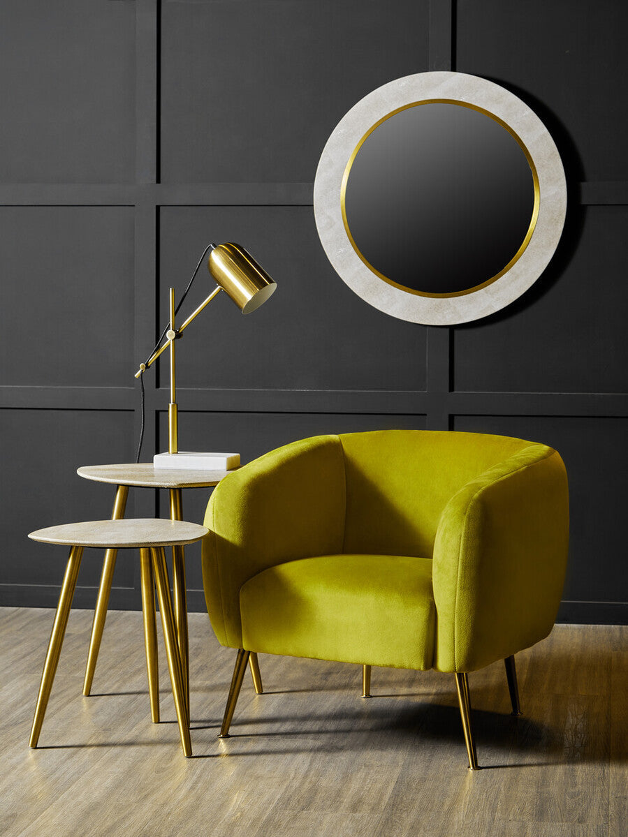 Set Of 2 Natural Shagreen Leather Round Top Side Tables With Gold Legs, Cadio