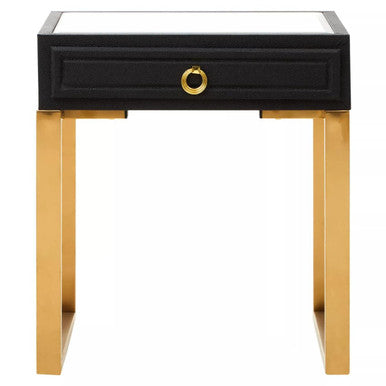 Black Shagreen 1-Drawer Side Table With Brushed Matte Gold Legs & Knocker Handle, Cardoba