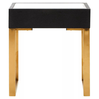 Black Shagreen 1-Drawer Side Table With Brushed Matte Gold Legs & Knocker Handle, Cardoba