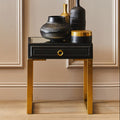 Black Shagreen 1-Drawer Side Table With Brushed Matte Gold Legs & Knocker Handle, Cardoba