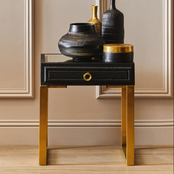 Black Shagreen 1-Drawer Side Table With Brushed Matte Gold Legs & Knocker Handle, Cardoba