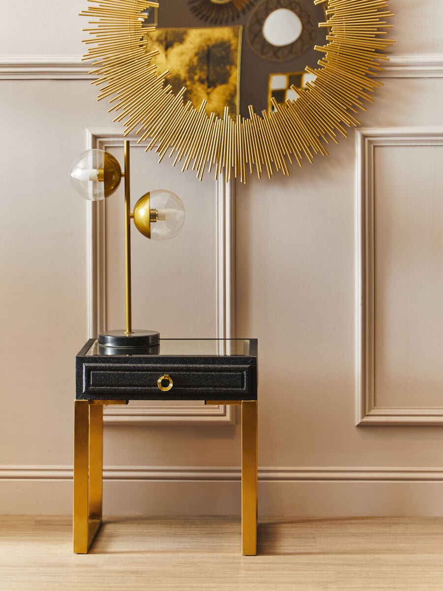 Black Shagreen 1-Drawer Side Table With Brushed Matte Gold Legs & Knocker Handle, Cardoba