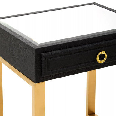Black Shagreen 1-Drawer Side Table With Brushed Matte Gold Legs & Knocker Handle, Cardoba