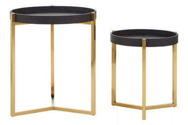 Set Of 2 Black Shagreen Tray Tables With Gold Legs & Raised Edges, Cardoba