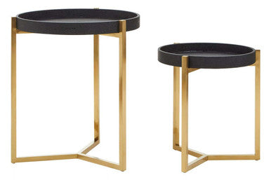 Set Of 2 Black Shagreen Tray Tables With Gold Legs & Raised Edges, Cardoba
