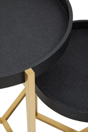 Set Of 2 Black Shagreen Tray Tables With Gold Legs & Raised Edges, Cardoba
