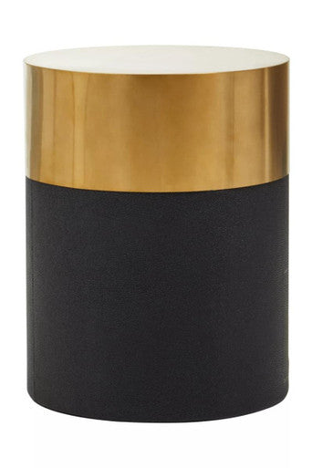 Black Round Shagreen Side Table & Stool With Metal Gold Top, Cardoba