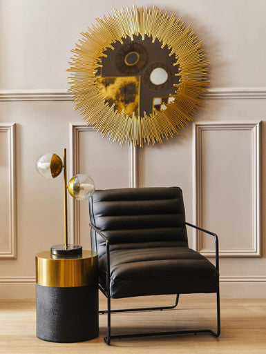 Black Round Shagreen Side Table & Stool With Metal Gold Top, Cardoba