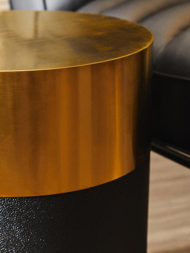Black Round Shagreen Side Table & Stool With Metal Gold Top, Cardoba