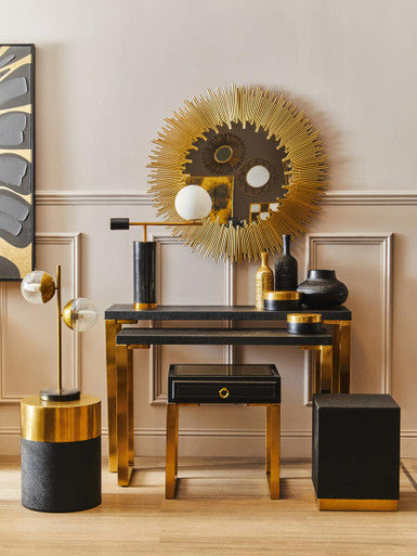Black Round Shagreen Side Table & Stool With Metal Gold Top, Cardoba