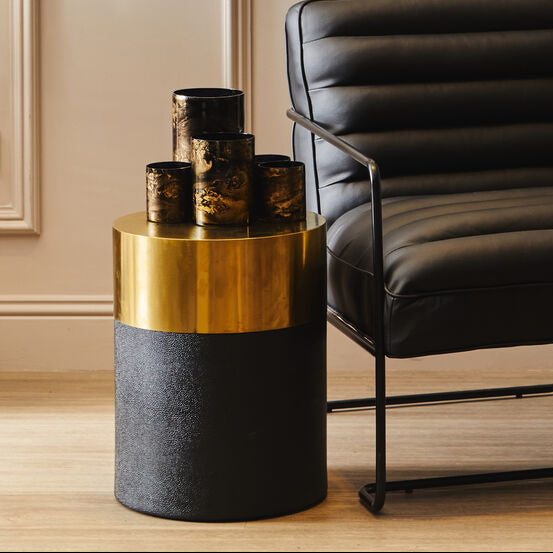 Black Round Shagreen Side Table & Stool With Metal Gold Top, Cardoba