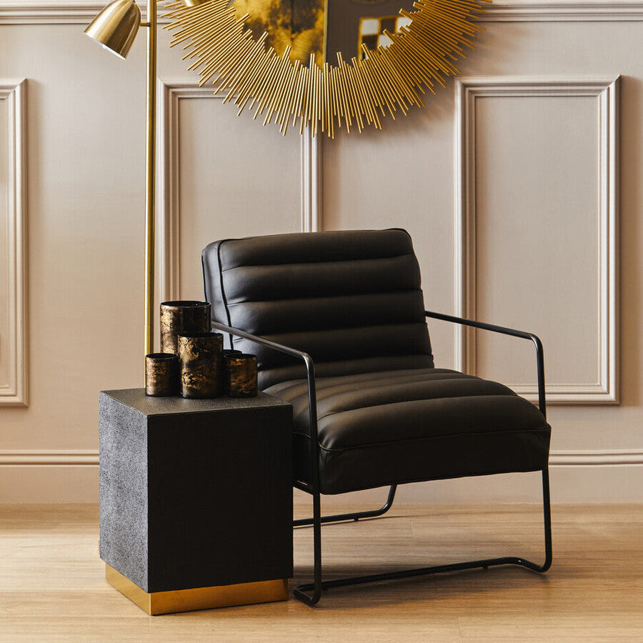 Black Shagreen Square Top Side Table & Stool With Gold Metal Base, Cardoba