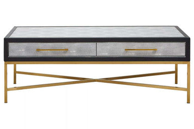 Grey Shagreen Coffee Table With Two Drawers & Brushed Matte Gold Cross Leg Frame, Cadiz