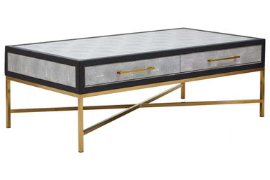 Grey Shagreen Coffee Table With Two Drawers & Brushed Matte Gold Cross Leg Frame, Cadiz