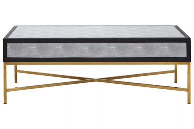 Grey Shagreen Coffee Table With Two Drawers & Brushed Matte Gold Cross Leg Frame, Cadiz