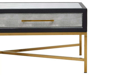 Grey Shagreen Coffee Table With Two Drawers & Brushed Matte Gold Cross Leg Frame, Cadiz