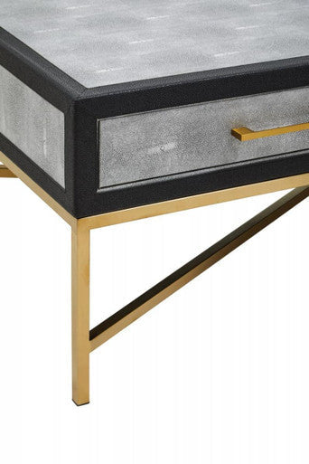 Grey Shagreen Coffee Table With Two Drawers & Brushed Matte Gold Cross Leg Frame, Cadiz