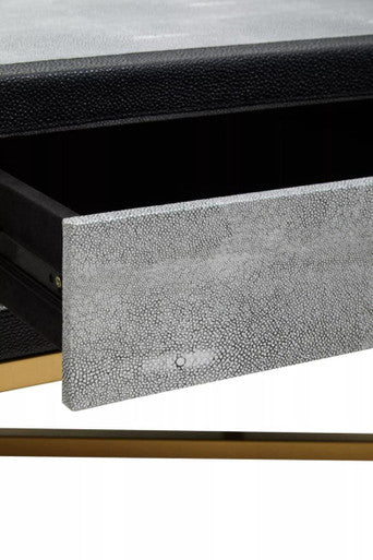 Grey Shagreen Coffee Table With Two Drawers & Brushed Matte Gold Cross Leg Frame, Cadiz