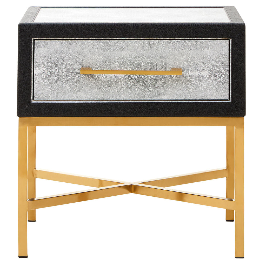 Grey Shagreen 1-Drawer Side Table With Brushed Matte Gold Cross Legs & Black Border, Cadiz
