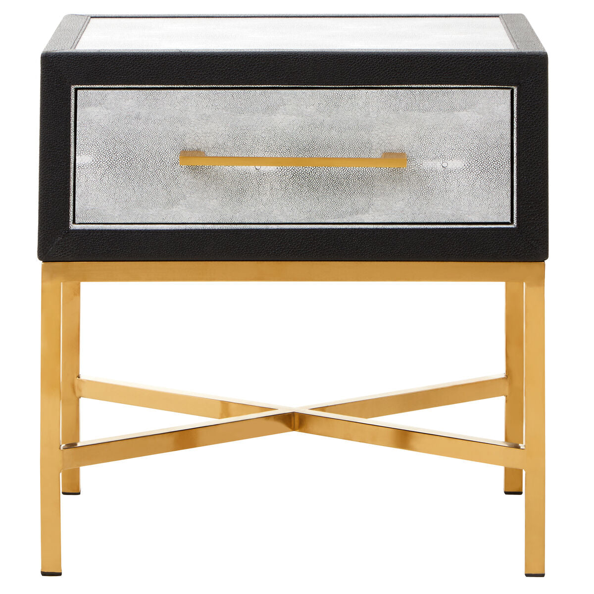 Grey Shagreen 1-Drawer Side Table With Brushed Matte Gold Cross Legs & Black Border, Cadiz