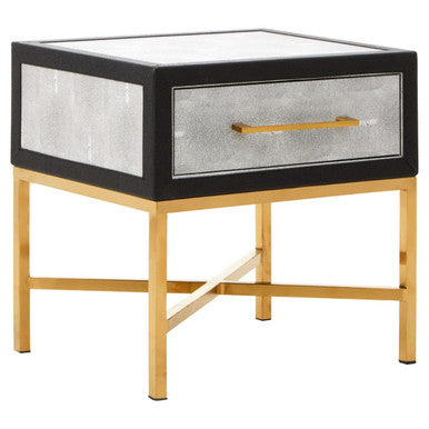 Grey Shagreen 1-Drawer Side Table With Brushed Matte Gold Cross Legs & Black Border, Cadiz