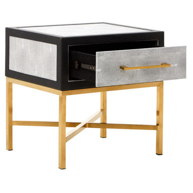 Grey Shagreen 1-Drawer Side Table With Brushed Matte Gold Cross Legs & Black Border, Cadiz