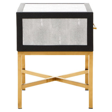 Grey Shagreen 1-Drawer Side Table With Brushed Matte Gold Cross Legs & Black Border, Cadiz