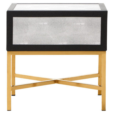 Grey Shagreen 1-Drawer Side Table With Brushed Matte Gold Cross Legs & Black Border, Cadiz