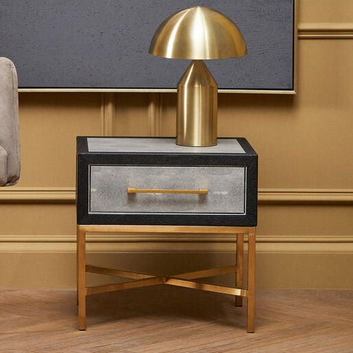 Grey Shagreen 1-Drawer Side Table With Brushed Matte Gold Cross Legs & Black Border, Cadiz