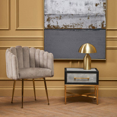 Grey Shagreen 1-Drawer Side Table With Brushed Matte Gold Cross Legs & Black Border, Cadiz