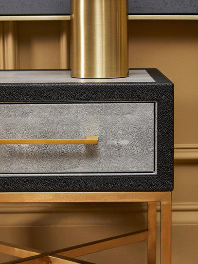 Grey Shagreen 1-Drawer Side Table With Brushed Matte Gold Cross Legs & Black Border, Cadiz