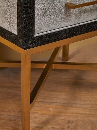Grey Shagreen 1-Drawer Side Table With Brushed Matte Gold Cross Legs & Black Border, Cadiz