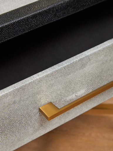 Grey Shagreen 1-Drawer Side Table With Brushed Matte Gold Cross Legs & Black Border, Cadiz