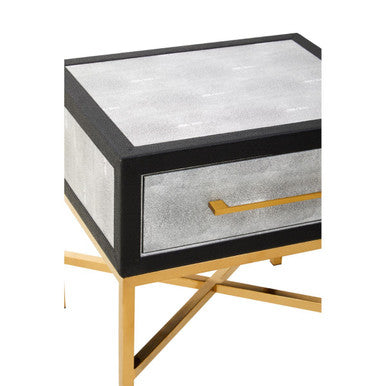 Grey Shagreen 1-Drawer Side Table With Brushed Matte Gold Cross Legs & Black Border, Cadiz